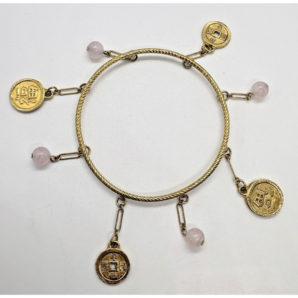 Vintage Gold Tone Bangle Bracelet 7.75'' Pink‎ Resin & Coin Bead Dangles Retro